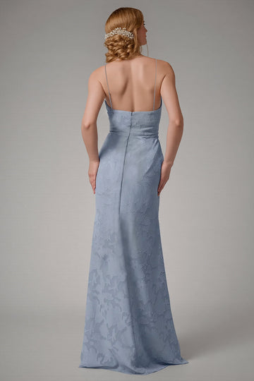 Dusty Blue Sheath Spaghetti Straps Sheath Bridesmaid Dress with Slit
